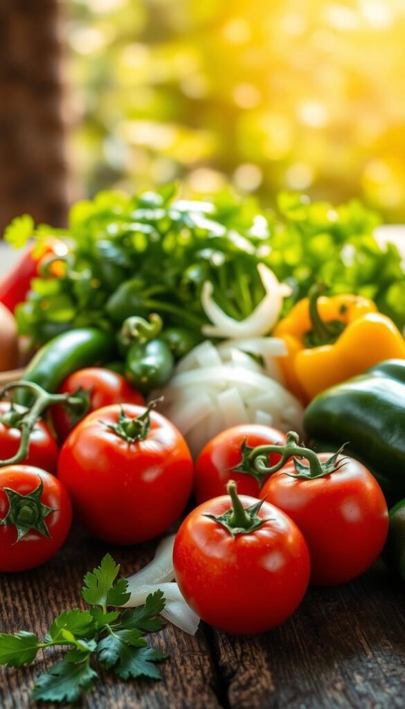 Homegrown salsa ingredients arranged on a rustic wooden table, bathed in warm natural light. In the foreground, vibrant red tomatoes, freshly plucked from the garden, their juices glistening. Beside them, an assortment of piquant peppers - jalapeños, serranos, and bell peppers - in a spectrum of colors. In the middle ground, a bundle of fragrant cilantro, its delicate leaves swaying gently. Diced onions, their layers peeled back, nestle in the corner, ready to lend their distinctive flavor. The background features a blurred, verdant backdrop, hinting at the homegrown origins of these ingredients. This inviting still life captures the essence of the homegrown salsa dream, where the freshest, most flavorful ingredients come together in a celebration of homemade goodness.