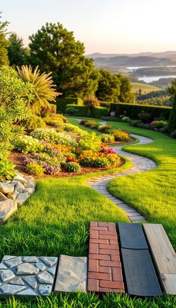 Landscape edging materials comparison: A serene garden scene showcasing various edging options against a backdrop of lush greenery. In the foreground, neatly arranged samples of stone, brick, metal, and wood edging materials are displayed, their textures and colors contrasting with the well-manicured lawn. The middle ground features a winding garden path, flanked by vibrant flower beds and meandering shrubs. In the distance, a picturesque landscape unfolds, with rolling hills and a tranquil lake reflecting the warm, golden hues of the setting sun. The lighting is soft and natural, casting gentle shadows and highlighting the unique qualities of each edging material. The overall composition conveys a sense of harmony and inspiration, inviting the viewer to imagine the endless possibilities for crafting the perfect garden border. Landscape edging materials comparison: A serene garden scene showcasing various edging options against a backdrop of lush greenery. In the foreground, neatly arranged samples of stone, brick, metal, and wood edging materials are displayed, their textures and colors contrasting with the well-manicured lawn. The middle ground features a winding garden path, flanked by vibrant flower beds and meandering shrubs. In the distance, a picturesque landscape unfolds, with rolling hills and a tranquil lake reflecting the warm, golden hues of the setting sun. The lighting is soft and natural, casting gentle shadows and highlighting the unique qualities of each edging material. The overall composition conveys a sense of harmony and inspiration, inviting the viewer to imagine the endless possibilities for crafting the perfect garden border.