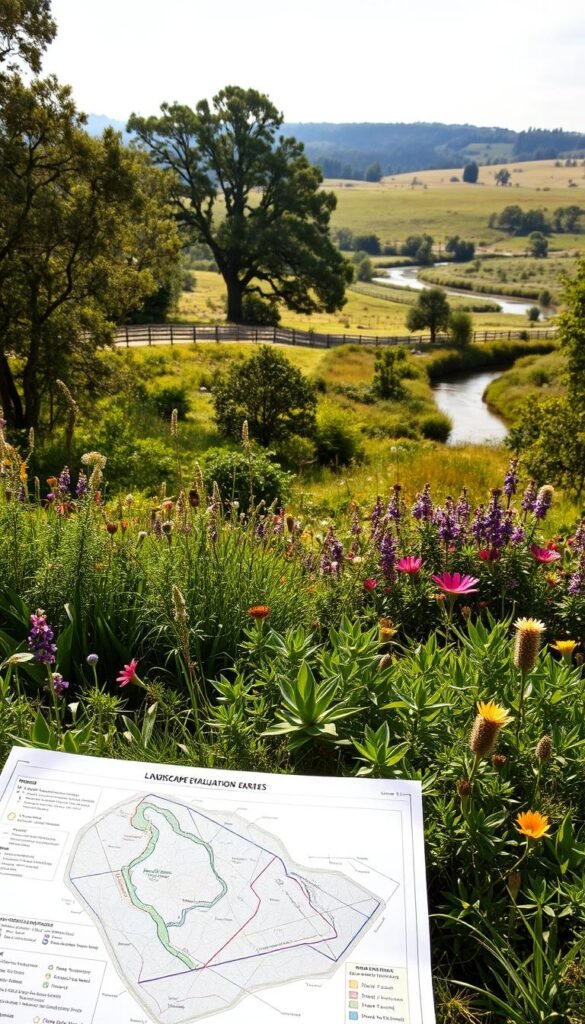 Landscape evaluation diagram: a sweeping vista of a lush, verdant garden, with a detailed overlay showcasing the environmental conditions and potential for wildlife habitats. The foreground features a meticulously drawn diagram, precise lines and symbols delineating soil types, sun exposure, and existing vegetation. The middle ground reveals a diverse array of native plants, their vibrant colors and textures creating a harmonious tapestry. In the background, a gently rolling landscape, punctuated by mature trees and a meandering stream, sets the scene for a thriving, ecologically balanced environment. Soft, natural lighting bathes the scene, evoking a sense of tranquility and inviting further exploration of the garden's potential for supporting local wildlife. Landscape evaluation diagram: a sweeping vista of a lush, verdant garden, with a detailed overlay showcasing the environmental conditions and potential for wildlife habitats. The foreground features a meticulously drawn diagram, precise lines and symbols delineating soil types, sun exposure, and existing vegetation. The middle ground reveals a diverse array of native plants, their vibrant colors and textures creating a harmonious tapestry. In the background, a gently rolling landscape, punctuated by mature trees and a meandering stream, sets the scene for a thriving, ecologically balanced environment. Soft, natural lighting bathes the scene, evoking a sense of tranquility and inviting further exploration of the garden's potential for supporting local wildlife.
