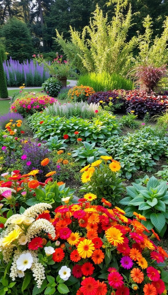Layered garden beds filled with an array of vibrant seasonal plants, arranged in a harmonious and visually striking composition. The foreground showcases a lush bed of colorful flowers, including cascading blooms and soft, textured foliage. The middle ground features a mix of leafy greens, herbs, and small shrubs, creating a sense of depth and layering. In the background, taller plants and trees frame the scene, casting soft, dappled light that enhances the natural beauty. The overall atmosphere is one of serenity and tranquility, inviting the viewer to immerse themselves in the serene, private garden oasis. Captured with a wide-angle lens to showcase the full extent of the thoughtfully curated layout.