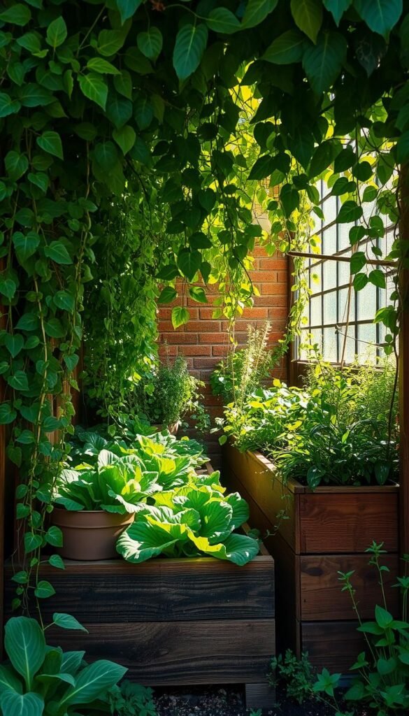 Lush corner raised garden beds nestled in a cozy nook, sun-dappled through a canopy of verdant foliage. Sturdy wooden frames house bountiful greens - trailing vines, vibrant lettuces, and fragrant herbs. A sense of peaceful seclusion, as if the beds are tucked away in a secret garden. Warm, natural lighting illuminates the textured surfaces, creating depth and dimension. The composition draws the eye inward, inviting the viewer to envision themselves tending to this verdant oasis. An intimate, enchanting scene that evokes the joys of urban gardening.