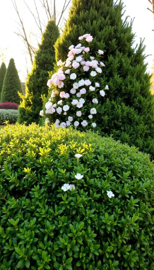 Lush evergreen shrub design with cascading foliage and delicate flowers. A well-balanced foreground featuring a low-growing mounding shrub with dense, textured leaves in shades of green. The middle ground showcases a taller, upright shrub with vibrant blooms in soft pastel hues. In the background, an artful arrangement of several evergreen specimens creates a layered, naturalistic composition. Warm, golden afternoon light filters through the foliage, casting gentle shadows and highlights. Captured with a wide-angle lens to emphasize the depth and harmonious interplay of the design elements. An inviting, cottage-style aesthetic that seamlessly integrates decorative charm with practical functionality. Lush evergreen shrub design with cascading foliage and delicate flowers. A well-balanced foreground featuring a low-growing mounding shrub with dense, textured leaves in shades of green. The middle ground showcases a taller, upright shrub with vibrant blooms in soft pastel hues. In the background, an artful arrangement of several evergreen specimens creates a layered, naturalistic composition. Warm, golden afternoon light filters through the foliage, casting gentle shadows and highlights. Captured with a wide-angle lens to emphasize the depth and harmonious interplay of the design elements. An inviting, cottage-style aesthetic that seamlessly integrates decorative charm with practical functionality.