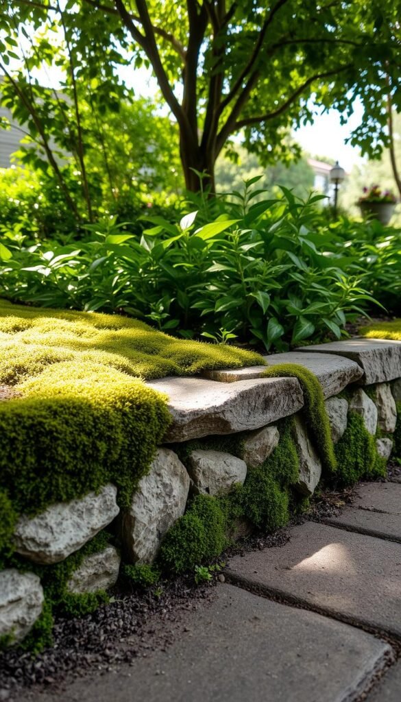 Lush, low-growing garden edging composed of rustic natural stones and weathered wood planks. Organic, textured surface with mossy accents, creating a charming, low-maintenance border. Soft, dappled sunlight filters through a canopy of lush foliage, casting gentle shadows across the earthy elements. Weathered wood blends seamlessly with uneven stone, crafting an effortless, timeless aesthetic. Subtle variations in color and shape add visual interest, while the overall design conveys a sense of tranquility and understated elegance. The scene exudes a sense of timelessness, inviting the viewer to imagine a serene, well-tended garden oasis.