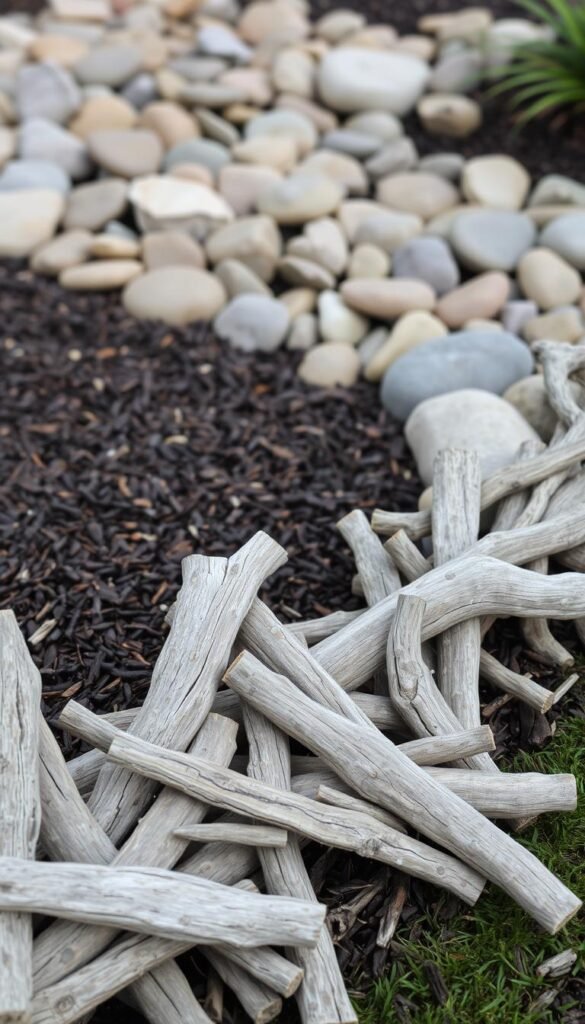 Lush, natural garden edging featuring a blend of rustic materials. In the foreground, a mix of driftwood pieces in weathered shades of gray and brown, artfully arranged to create a soft, organic border. Behind this, a layer of rich, dark mulch spills over the edges, creating a warm, earthy contrast. In the background, a scattering of smooth river rocks in shades of beige and gray, gently reflecting the soft, natural light. The overall scene exudes a sense of tranquility and timeless beauty, perfectly complementing the surrounding garden landscape.