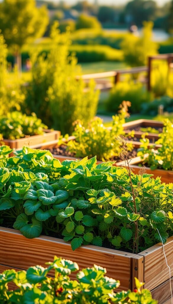 Lush, thriving plants in raised cedar garden beds, bathed in warm, golden sunlight. The foreground showcases a variety of healthy vegetables and herbs, their vibrant colors and textures creating a visually appealing scene. In the middle ground, the sturdy, natural wood of the raised beds frames the flourishing plants, complementing the earthy tones. The background depicts a serene, verdant landscape, with a hint of a picturesque garden setting. The overall composition evokes a sense of vitality, harmony, and the beauty of urban gardening. Captured with a wide-angle lens to provide a comprehensive view, this image beautifully illustrates the benefits of raised garden beds for the health and growth of plants. Lush, thriving plants in raised cedar garden beds, bathed in warm, golden sunlight. The foreground showcases a variety of healthy vegetables and herbs, their vibrant colors and textures creating a visually appealing scene. In the middle ground, the sturdy, natural wood of the raised beds frames the flourishing plants, complementing the earthy tones. The background depicts a serene, verdant landscape, with a hint of a picturesque garden setting. The overall composition evokes a sense of vitality, harmony, and the beauty of urban gardening. Captured with a wide-angle lens to provide a comprehensive view, this image beautifully illustrates the benefits of raised garden beds for the health and growth of plants.