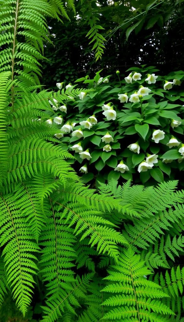 Lush, verdant ferns and delicate hellebores fill a shady garden scene. In the foreground, intricate fern fronds cascade downwards, their deep green hues contrasting with the pale, nodding blooms of the hellebores. The middle ground features a dense, layered arrangement of these shade-loving plants, their leaves and flowers creating a serene, harmonious composition. The background is obscured by soft, diffused lighting, giving the scene an intimate, enveloping atmosphere. Captured with a wide-angle lens, this image showcases the beauty and versatility of these ideal plants for full shade and deep shade gardening.