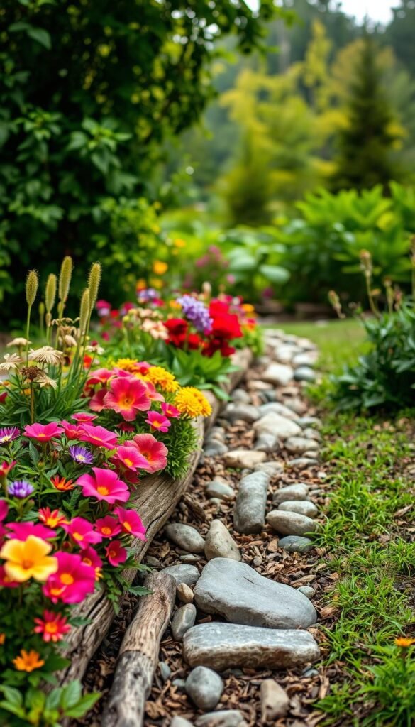 Lush, verdant garden borders featuring a captivating array of natural elements. In the foreground, a harmonious mix of vibrant flowers, lush foliage, and weathered wooden log edging create a visually striking and textural composition. The middle ground showcases strategically placed river rocks and organic mulch, complementing the earthy tones. In the background, a soft, hazy backdrop of blurred greenery and a warm, natural lighting set the mood for a serene, inviting garden landscape. The overall scene emanates a sense of creativity, balance, and a celebration of the natural world.