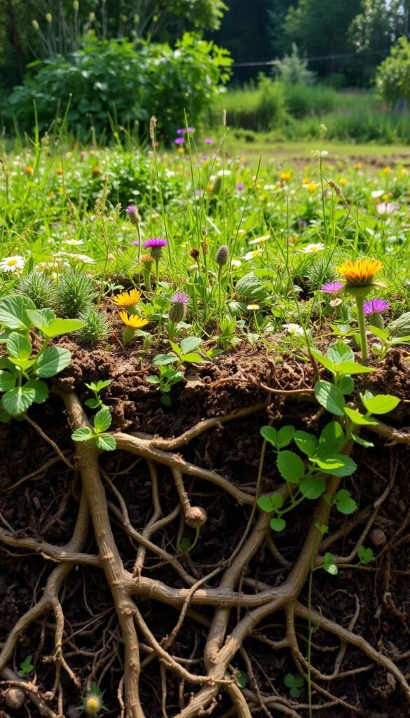 Lush, verdant soil teeming with life - a vibrant tapestry of interconnected organisms thriving in a harmonious balance. In the foreground, intricate root systems intertwine, anchoring the earth and nurturing a diverse array of beneficial microbes, fungi, and insects. The middle ground reveals a captivating mosaic of wildflowers, grasses, and herbs, their vibrant hues and delicate petals attracting a flurry of pollinators. In the background, a serene landscape unfolds, showcasing the seamless integration of natural elements - a testament to the resilience and beauty of a healthy, biodiverse garden ecosystem. Soft, natural lighting filters through the scene, casting a warm, inviting glow that accentuates the rich textures and vital energies of this regenerative garden design.