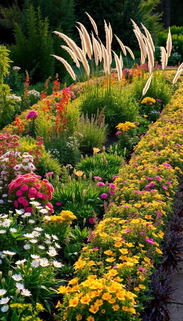 Lush, vibrant garden border in soft morning light, featuring a harmonious arrangement of colorful perennials and ornamental grasses. Gentle curves guide the eye through the scene, with delicate flowers cascading along the edges. Midground features a mix of low-growing groundcovers and taller accent plants, creating depth and visual interest. Warm, muted tones predominate, evoking a sense of tranquility and natural beauty. Soft, diffused lighting from an overhead sun casts subtle shadows, accentuating the textures and forms of the plants. The overall composition is balanced and visually striking, showcasing the design potential of a thoughtfully planned small-scale garden border.
