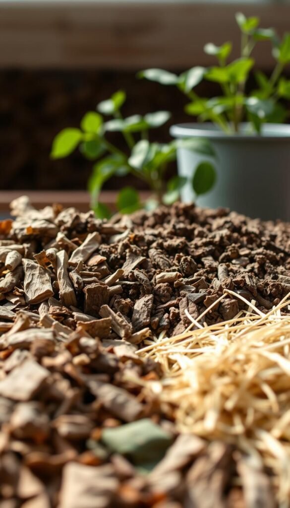 Organic mulch options for soil: a detailed still life in soft, natural lighting. In the foreground, various mulch materials are artfully arranged - shredded bark, wood chips, dried leaves, and straw. The middle ground showcases the rich, loamy texture of healthy garden soil. In the background, a verdant potted plant adds a touch of greenery, hinting at the benefits of this mulch for plant growth and water retention. The overall composition conveys a sense of earthy tranquility, inspiring viewers to consider the practical and aesthetic advantages of using organic mulch in their own raised garden beds.