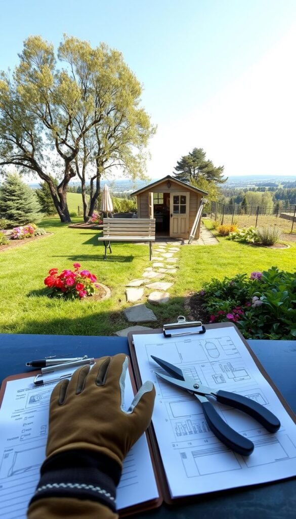Outdoor maintenance planning: A well-lit, spacious backyard with a neatly manicured lawn, vibrant flower beds, and a well-tended vegetable garden. In the foreground, a sturdy pair of gardening gloves, pruning shears, and a clipboard with detailed notes and sketches, suggesting a thoughtful approach to maintaining the space. In the middle ground, a weathered wooden bench overlooking a stone pathway leading to a quaint garden shed, its doors open to reveal various tools and supplies. The background showcases a picturesque landscape, with a clear blue sky, lush trees, and a distant horizon, creating a sense of tranquility and balance. The overall atmosphere conveys a harmonious blend of organization, hard work, and the joy of nurturing a thriving outdoor oasis.