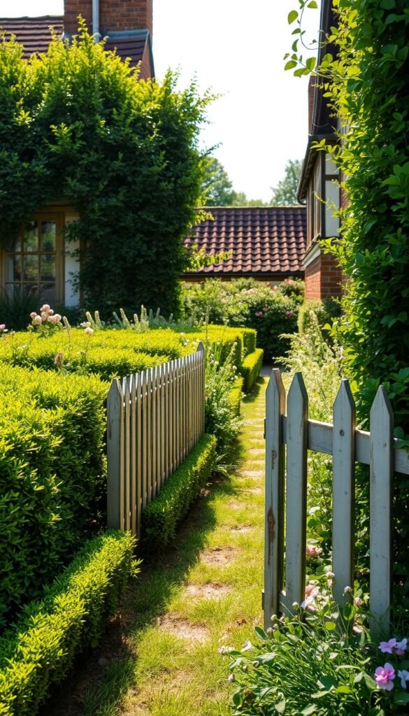 Picturesque cottage garden borders adorned with charming picket fences, bathed in soft, natural light. Verdant low hedges frame the scene, creating a quaint, inviting atmosphere. Delicate flowers in pastel hues dot the lush greenery, adding pops of color. The fences, weathered by time, stand as a gentle barrier, inviting exploration. Capture the essence of a quintessential English countryside, where tranquility and natural beauty intertwine. A wide-angle lens showcases the harmonious integration of the garden and its architectural elements, presenting a serene and visually captivating image.