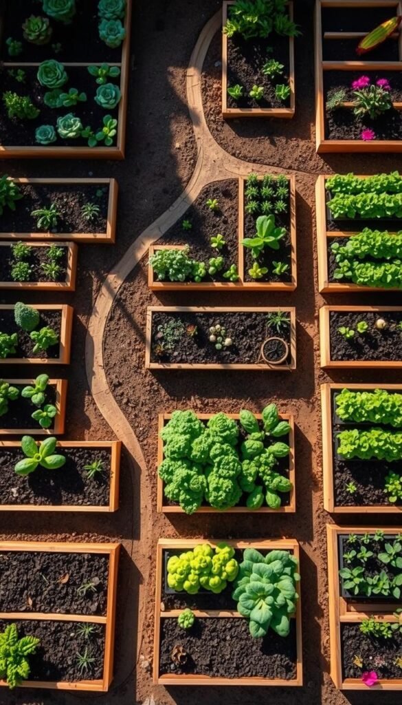 Raised bed garden layout, viewed from overhead with a wide-angle lens. A well-organized grid of raised wooden beds, each filled with rich, dark soil. Vibrant rows of leafy green vegetables and colorful flowering plants. Natural lighting filters in, casting long shadows and highlighting the textural details of the wooden frames and soil. The layout is meticulously planned, with efficient paths winding between the beds, allowing easy access for maintenance and harvesting. A sense of order and productivity pervades the scene, hinting at the potential for a bountiful vegetable garden rotation.