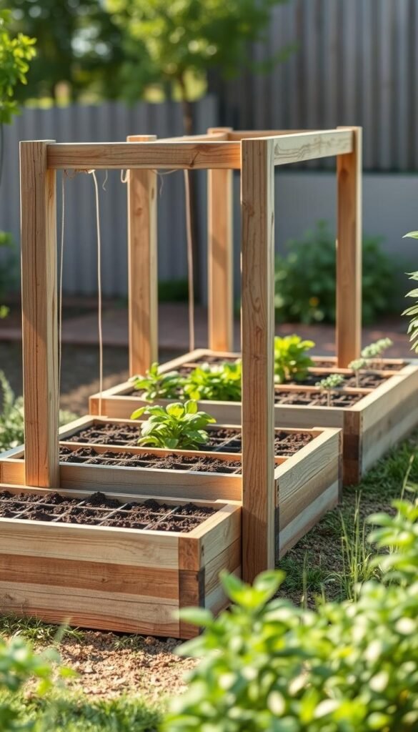 Raised garden bed structure, with robust wooden frames and neat rows of soil-filled planter beds. The structure stands in a well-lit outdoor setting, with soft, diffused natural lighting casting gentle shadows. The weathered wood and verdant plants create a serene, organic atmosphere, inviting the viewer to envision thriving vegetable or herb gardens. The angled view showcases the sturdy construction and thoughtful design, highlighting the accessibility and functionality of this raised gardening solution. Crisp, high-resolution rendering captures the textural details and overall visual appeal of this practical yet aesthetically pleasing gardening feature.