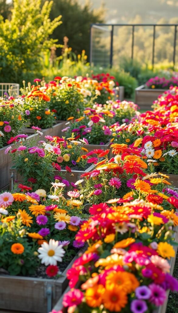 Raised garden beds overflowing with vibrant flowers in soft, warm lighting. A lush, thriving cut flower garden with blooms of varied colors and textures, from delicate petals to bold foliage. The beds are elevated, creating a sense of ordered beauty amidst a natural landscape. The image captures the benefits of raised beds - improved drainage, soil quality, and accessibility for tending the garden. A picturesque scene that inspires the viewer to create their own bountiful cut flower oasis.