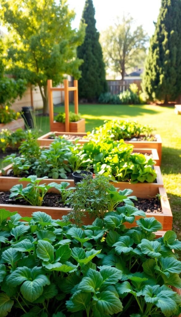 Raised garden beds, their benefits on full display - lush, verdant plants thriving in an orderly layout, bathed in warm, natural lighting. The foreground showcases diverse vegetables and herbs, their leaves and stems casting gentle shadows. In the middle ground, the raised beds' sturdy wooden frames stand as a testament to their practical design, elevating the soil for better drainage and accessibility. The background depicts a tranquil, backyard setting, with a verdant lawn and a few towering trees, hinting at the harmonious integration of these productive beds into a small, urban space. An inviting, serene atmosphere pervades the scene, highlighting the value of raised beds for maximizing yield in limited areas. Raised garden beds, their benefits on full display - lush, verdant plants thriving in an orderly layout, bathed in warm, natural lighting. The foreground showcases diverse vegetables and herbs, their leaves and stems casting gentle shadows. In the middle ground, the raised beds' sturdy wooden frames stand as a testament to their practical design, elevating the soil for better drainage and accessibility. The background depicts a tranquil, backyard setting, with a verdant lawn and a few towering trees, hinting at the harmonious integration of these productive beds into a small, urban space. An inviting, serene atmosphere pervades the scene, highlighting the value of raised beds for maximizing yield in limited areas.