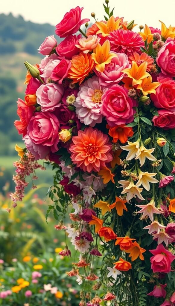 Romantic blooms color wheel: a lush garden of vibrant hues and delicate petals. Foreground features a vibrant color wheel arrangement of romantic flowers - roses, peonies, dahlias, and lilies in warm tones of pink, red, orange, and yellow. Middleground showcases a whimsical tangle of trailing vines, lush foliage, and delicate blossoms in a soft, dreamy lighting. Background fades into a blurred, natural landscape with hints of verdant greenery. The overall mood is one of enchanting, natural beauty - a cascading symphony of romantic blooms and harmonious colors. Romantic blooms color wheel: a lush garden of vibrant hues and delicate petals. Foreground features a vibrant color wheel arrangement of romantic flowers - roses, peonies, dahlias, and lilies in warm tones of pink, red, orange, and yellow. Middleground showcases a whimsical tangle of trailing vines, lush foliage, and delicate blossoms in a soft, dreamy lighting. Background fades into a blurred, natural landscape with hints of verdant greenery. The overall mood is one of enchanting, natural beauty - a cascading symphony of romantic blooms and harmonious colors.