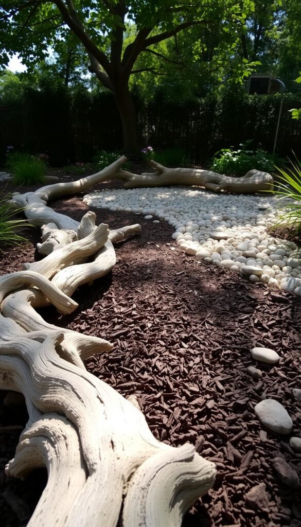 Rustic garden borders edging featuring driftwood, mulch, or gravel