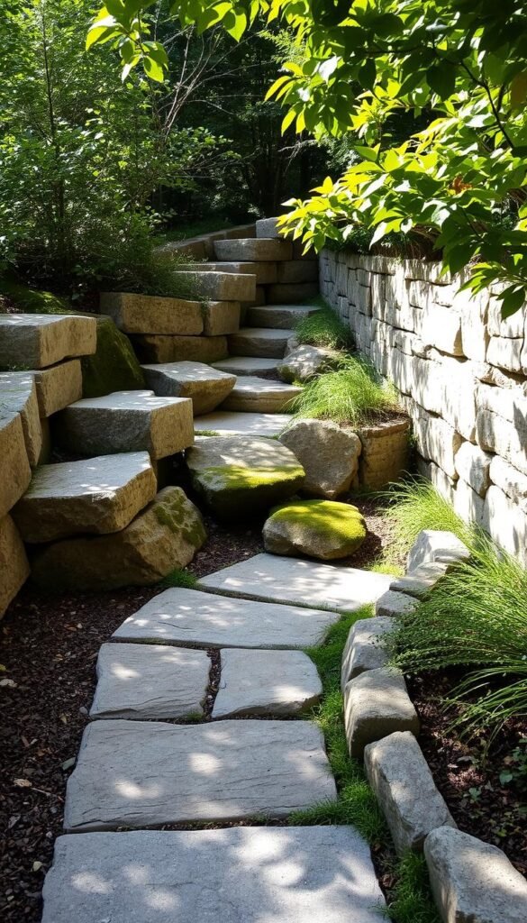 Rustic stone and concrete garden borders with natural textures and earthy tones. A tranquil outdoor scene featuring weathered granite blocks, mossy river rocks, and roughly textured concrete pavers arranged in an organic, asymmetrical pattern. Dappled sunlight filters through the lush foliage, casting soft shadows across the varied surfaces. The overall impression is one of weathered elegance and timeless charm, creating a welcoming, naturalistic aesthetic for a secluded garden path or patio perimeter. Rustic stone and concrete garden borders with natural textures and earthy tones. A tranquil outdoor scene featuring weathered granite blocks, mossy river rocks, and roughly textured concrete pavers arranged in an organic, asymmetrical pattern. Dappled sunlight filters through the lush foliage, casting soft shadows across the varied surfaces. The overall impression is one of weathered elegance and timeless charm, creating a welcoming, naturalistic aesthetic for a secluded garden path or patio perimeter.