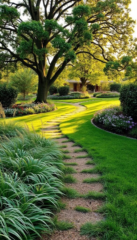 Seamless transitions between lawn and pathways using natural garden edges