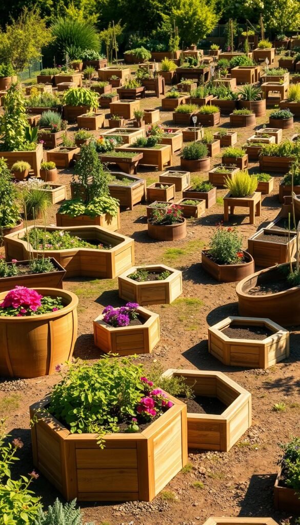 Striking and whimsical raised garden beds, meticulously crafted in intricate shapes and sizes, nestled within a lush, sun-dappled landscape. In the foreground, elegant curved planters and geometric hexagonal beds, adorned with vibrant blooms and verdant foliage. The middle ground features playful kidney-shaped and crescent-moon raised beds, their edges softened by cascading vines and trailing flowers. In the background, a tapestry of rectangular and square planters, some elevated on sturdy wooden frames, others flush with the ground, creating a harmonious and visually captivating patchwork of textures and colors. Warm, directional lighting illuminates the scene, casting long shadows and highlighting the sculptural forms of the raised beds. The overall atmosphere evokes a sense of creativity, whimsy, and a deep connection to the natural world.