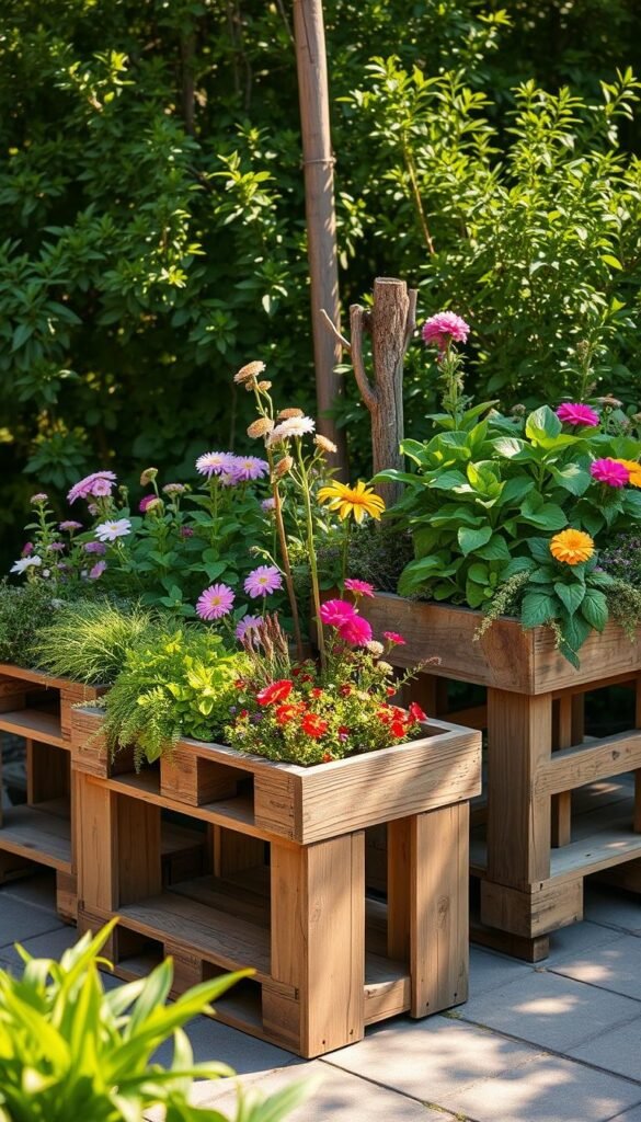 Upcycled garden planters crafted from weathered wooden pallets, arranged in a harmonious outdoor setting. The planters feature a rustic, repurposed aesthetic, overflowing with lush greenery and vibrant flowers. Soft, natural lighting bathes the scene, casting warm, gentle shadows. The arrangement is positioned against a backdrop of verdant foliage, creating a serene, inviting atmosphere. The planters are meticulously detailed, showcasing the unique textures and imperfections of the reclaimed materials. An idyllic representation of transforming discarded items into functional, stylish garden decor.