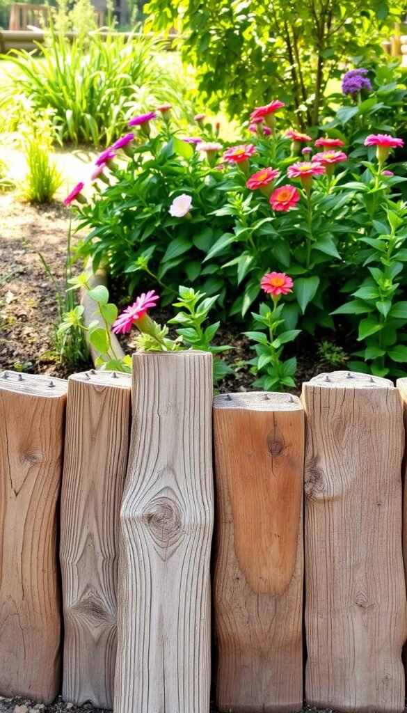 Upcycling reclaimed pallets or lumber for garden edges and borders