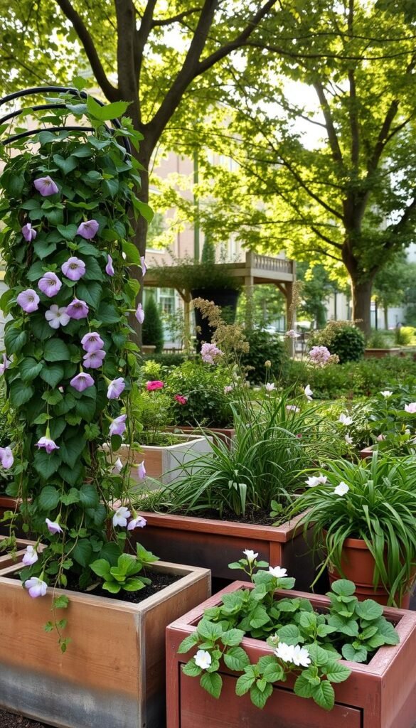 Urban small garden borders designed with space-saving container plants