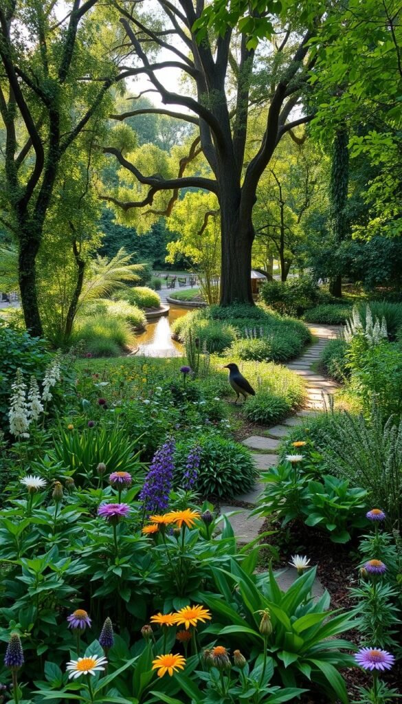 Verdant wildlife garden design, lush with native flora and fauna. Foreground showcases a variety of flowering plants, shrubs, and ground cover to attract pollinators. Towering trees in the middle ground provide shade and nesting sites for birds. Winding pathways meander through the scene, inviting exploration. A small pond or water feature glistens in the background, drawing in thirsty wildlife. Dappled sunlight filters through the canopy, casting a warm, serene ambiance. Carefully curated to enhance biodiversity and create a thriving ecosystem within the landscape. Verdant wildlife garden design, lush with native flora and fauna. Foreground showcases a variety of flowering plants, shrubs, and ground cover to attract pollinators. Towering trees in the middle ground provide shade and nesting sites for birds. Winding pathways meander through the scene, inviting exploration. A small pond or water feature glistens in the background, drawing in thirsty wildlife. Dappled sunlight filters through the canopy, casting a warm, serene ambiance. Carefully curated to enhance biodiversity and create a thriving ecosystem within the landscape.