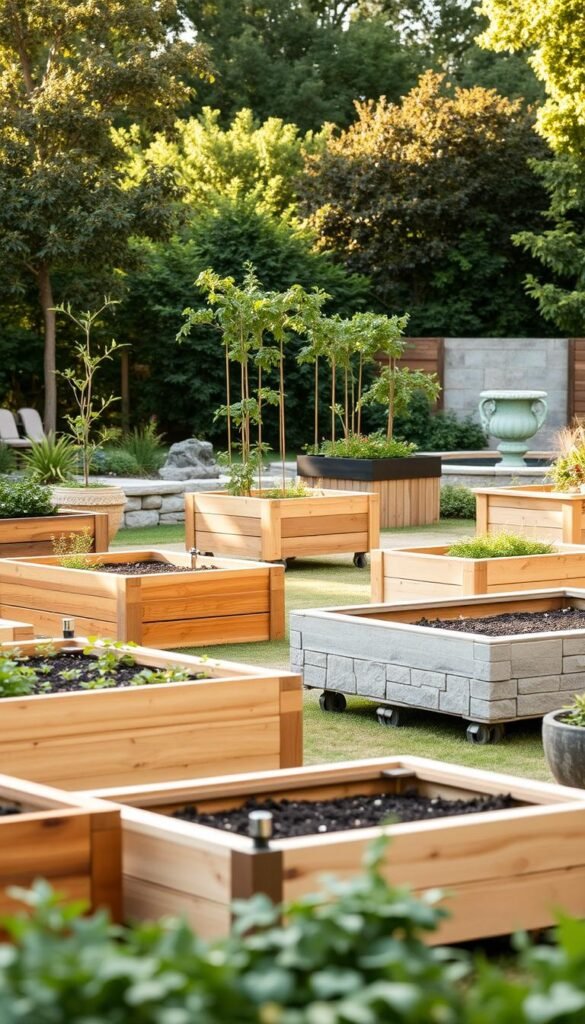 Versatile garden beds and planters in a serene outdoor setting. In the foreground, a variety of raised garden beds in different shapes and sizes, constructed with natural materials like wood and stone. Middle ground features mobile planter boxes on casters, allowing for easy repositioning. In the background, lush foliage and a tranquil water feature create a peaceful atmosphere. Warm, diffused lighting from an overhead sun casts soft shadows, highlighting the textural details. The scene conveys a sense of harmony between carefully curated plantings and functional, modular gardening solutions.