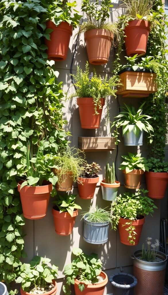 Vertical garden design with cascading containers, lush greenery spilling over the edges, creating a verdant, nature-inspired wall. Sunlight streams through the arrangement, casting gentle shadows and highlighting the varied textures of the plants. Terracotta, wooden, and metal planters of different shapes and sizes are staggered, forming a harmonious, visually appealing composition. The scene evokes a sense of tranquility and urban oasis, perfect for the section on "Designing with Vertical Gardens and Containers" in the article "Urban Garden Design Tactics: Crafting an Oasis in the City."