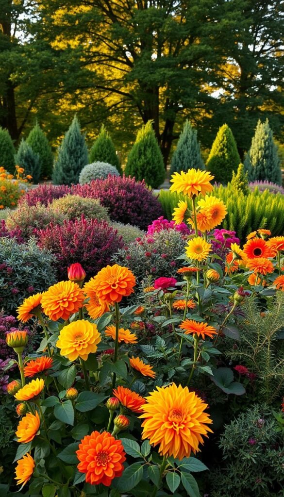 Vibrant display of diverse plant selection in a lush garden setting. Foreground showcases a variety of blooming flowers in warm hues, including roses, dahlias, and sunflowers. Middle ground features a mix of evergreen shrubs and perennials with textural foliage. Background shows a backdrop of mature trees casting dappled light, creating a serene and inviting atmosphere. Warm golden hour lighting washes over the scene, highlighting the rich colors and textures. A cohesive, harmonious design that celebrates the beauty of a carefully curated assortment of plants for year-round visual interest.