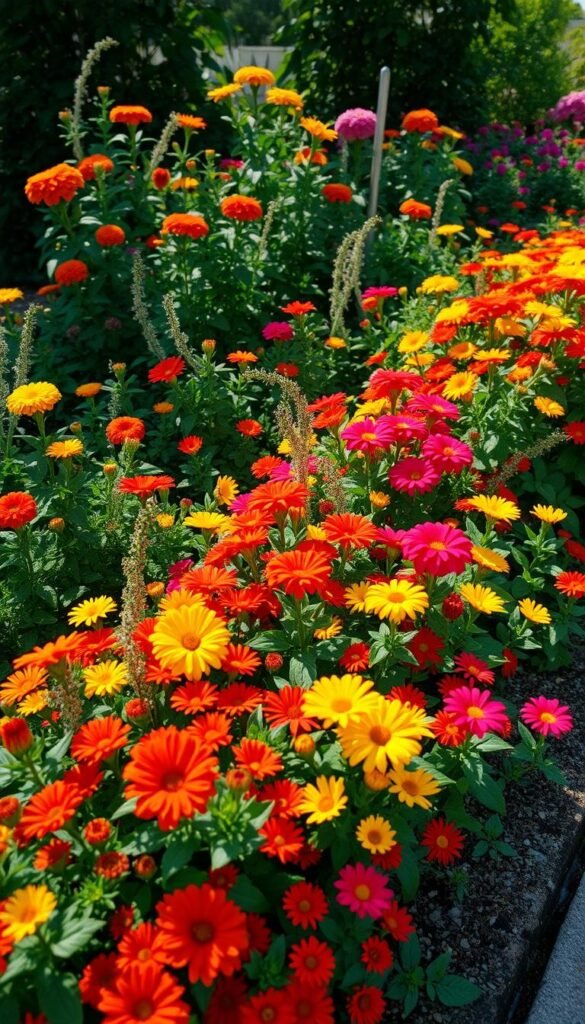Vibrant garden border overflowing with a lush, colorful display. Expertly curated arrangement of flowering plants in a range of bold, complementary hues - vivid reds, oranges, and yellows against a backdrop of deep greens. Sunlight filters through the foliage, casting a warm, natural glow. Crisp, high-resolution image captured at eye level, highlighting the dynamic interplay of colors and textures. Evokes a sense of energy, joy, and the beauty of nature in a compact, highly impactful garden setting.