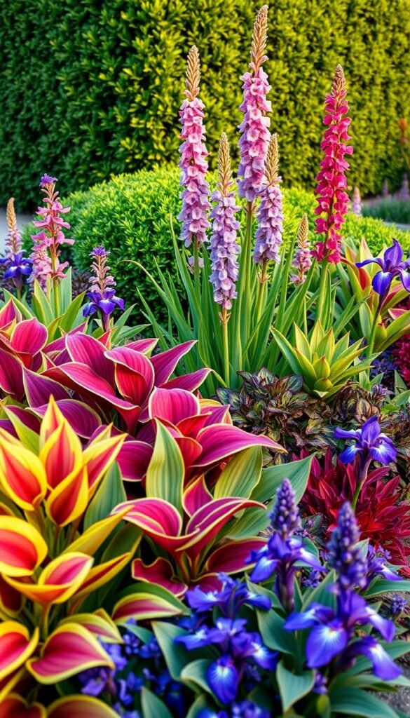 Vibrant, lush edging plants cascade across a small garden border, their varied hues and textures creating a captivating display. In the foreground, a tapestry of bold, colorful foliage - crimson-veined hostas, chartreuse-leafed lamium, and vivid purple-blue irises. In the middle ground, tall spires of vivid pink and lavender blooms rise up, drawing the eye deeper into the scene. The background features a soft, blurred hedge, adding depth and framing the vivid edging plants. Warm, diffused lighting bathes the entire composition, creating a sense of lush, natural beauty. Captured with a wide-angle lens to showcase the depth and dimensionality of this striking edging plant display.