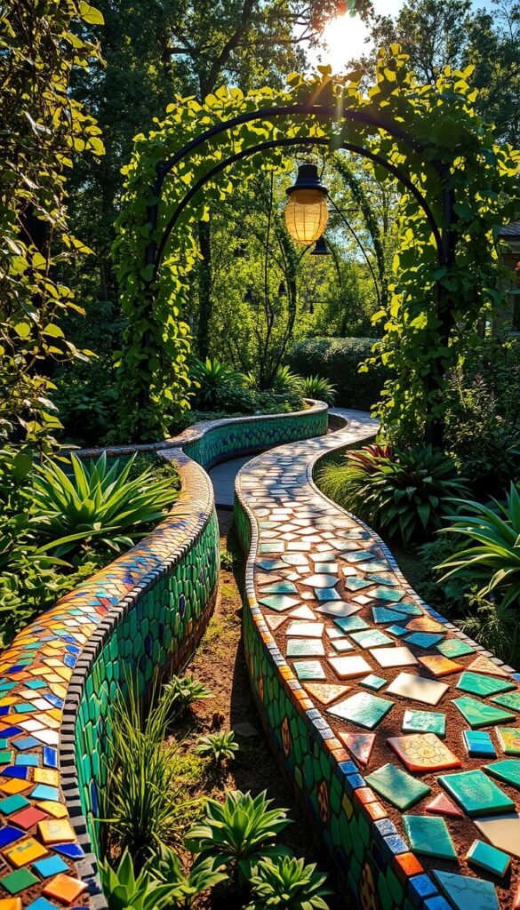 Vibrant mosaic garden borders, bursting with a kaleidoscope of colors, line a winding path through a lush, verdant oasis. Intricate patterns of tiles in shades of azure, emerald, and gold intertwine, creating a captivating visual feast. Sunlight dances across the mosaics, casting a warm, inviting glow that beckons visitors to stroll and explore. In the background, a whimsical trellis supports cascading vines, adding depth and texture to the scene. The overall atmosphere is one of enchantment, where the fusion of nature and artistry creates a harmonious and visually striking garden feature.
