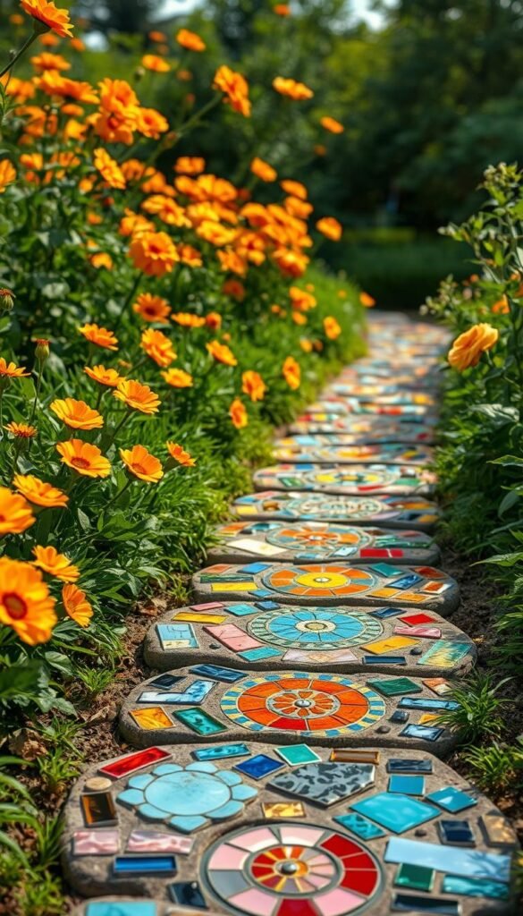 Vibrant mosaic stepping stones line a winding garden path, their intricate patterns of glass and tile casting a kaleidoscope of colors upon the lush greenery. The stones are set against a backdrop of blooming flowers in warm hues, their petals swaying gently in the soft, diffused sunlight. The scene evokes a sense of whimsy and invites the viewer to step forward, exploring the enchanting mosaic pathway that guides the way. The image is captured with a wide-angle lens, emphasizing the depth and perspective of the garden setting, and the lighting is soft and natural, highlighting the texture and depth of the mosaic elements.