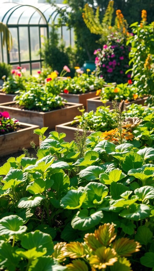 Vibrant raised garden beds filled with thriving vegetables, herbs, and flowers. A lush, verdant foreground showcases the bountiful harvest, with sun-dappled leaves and vivid hues. In the middle ground, neatly arranged raised beds with rich, loamy soil invite closer inspection. The background features a picturesque garden setting, perhaps a rustic fence or a tranquil greenhouse, conveying the serene atmosphere of a well-maintained, productive raised bed garden. Warm, natural lighting illuminates the scene, casting soft shadows and highlighting the textural details of the plants and soil. A sense of abundance, order, and harmony permeates the image, capturing the many benefits of raised bed gardening. Vibrant raised garden beds filled with thriving vegetables, herbs, and flowers. A lush, verdant foreground showcases the bountiful harvest, with sun-dappled leaves and vivid hues. In the middle ground, neatly arranged raised beds with rich, loamy soil invite closer inspection. The background features a picturesque garden setting, perhaps a rustic fence or a tranquil greenhouse, conveying the serene atmosphere of a well-maintained, productive raised bed garden. Warm, natural lighting illuminates the scene, casting soft shadows and highlighting the textural details of the plants and soil. A sense of abundance, order, and harmony permeates the image, capturing the many benefits of raised bed gardening.
