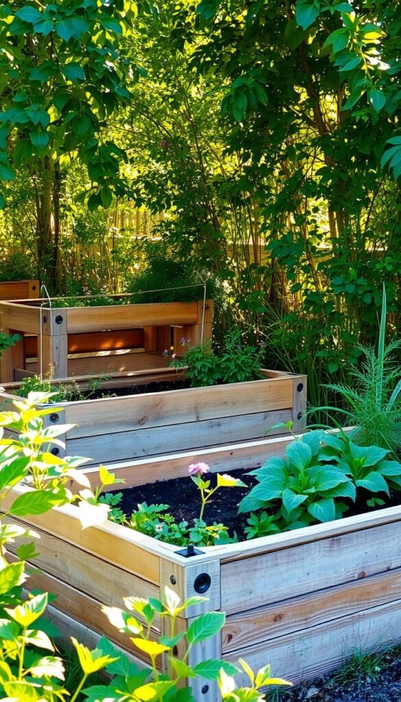 Weathered cedar wood raised garden beds in a lush, overgrown backyard. Sunlight filters through verdant foliage, casting warm, golden hues on the aged, textured wood. The beds are adorned with thriving plants, their leaves and flowers creating a vibrant, organic tapestry. The scene exudes a sense of tranquility and the rustic charm of a well-loved, established garden. Camera angle slightly elevated, capturing the beds in their natural, lived-in setting, showcasing the timeless appeal of natural cedar as a gardener's preferred material. Weathered cedar wood raised garden beds in a lush, overgrown backyard. Sunlight filters through verdant foliage, casting warm, golden hues on the aged, textured wood. The beds are adorned with thriving plants, their leaves and flowers creating a vibrant, organic tapestry. The scene exudes a sense of tranquility and the rustic charm of a well-loved, established garden. Camera angle slightly elevated, capturing the beds in their natural, lived-in setting, showcasing the timeless appeal of natural cedar as a gardener's preferred material.