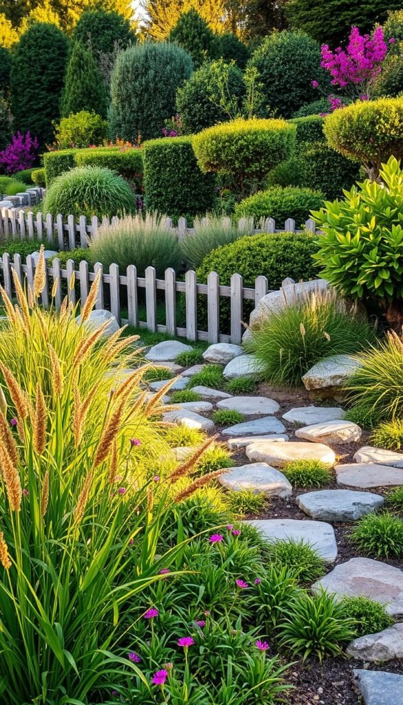 a beautifully manicured garden border, featuring a harmonious blend of lush greenery, vibrant flowers, and natural stone accents. The foreground showcases a meandering path lined with low-growing perennials and ornamental grasses, their delicate leaves and petals swaying gently in the soft breeze. In the middle ground, strategically placed boulders and river rocks create a captivating textural contrast, while a low, weathered wooden fence serves as a subtle boundary, blending seamlessly into the overall composition. The background is dominated by a diverse array of shrubs and small trees, their varied foliage and heights adding depth and visual interest. The scene is bathed in warm, golden light, casting gentle shadows and highlighting the rich colors and textures of the garden elements. The overall mood is one of tranquility, inspiration, and a harmonious integration of natural materials within a well-designed outdoor space.