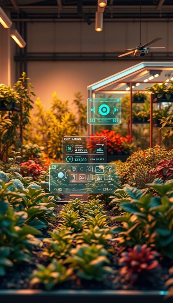 a highly detailed, hyper-realistic digital painting of the evolution of smart garden technology, showcasing a series of progressively more advanced and integrated garden setups. In the foreground, a modern, lush garden with a variety of intelligent sensors, automated irrigation, and robotic gardening tools. The middle ground features a holographic control panel displaying real-time data and optimization suggestions. In the background, a futuristic greenhouse with advanced climate control, hydroponics, and autonomous maintenance drones. The scene is bathed in warm, diffused lighting with a subtle depth of field, creating a sense of wonder and technological prowess. The overall mood is one of efficient, sustainable, and harmonious integration of nature and smart innovation. a highly detailed, hyper-realistic digital painting of the evolution of smart garden technology, showcasing a series of progressively more advanced and integrated garden setups. In the foreground, a modern, lush garden with a variety of intelligent sensors, automated irrigation, and robotic gardening tools. The middle ground features a holographic control panel displaying real-time data and optimization suggestions. In the background, a futuristic greenhouse with advanced climate control, hydroponics, and autonomous maintenance drones. The scene is bathed in warm, diffused lighting with a subtle depth of field, creating a sense of wonder and technological prowess. The overall mood is one of efficient, sustainable, and harmonious integration of nature and smart innovation.