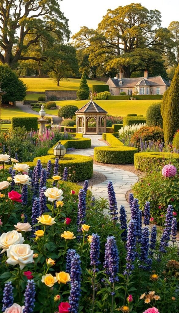 a lush, detailed english garden scene with a harmonious composition of traditional design elements. in the foreground, colorful perennial flowers like roses, lavender, and hydrangeas in full bloom, arranged in a formal border. the middle ground features a winding stone path leading to a quaint gazebo or folly, with ornamental shrubs and trees like boxwood and yew providing structure. in the background, a rolling hillside with a country manor or historic building, framed by a canopy of mature oak and elm trees. the lighting is soft and golden, creating a warm, inviting atmosphere. the scene is captured with a wide-angle lens to showcase the depth and grandeur of the classic english garden design. a lush, detailed english garden scene with a harmonious composition of traditional design elements. in the foreground, colorful perennial flowers like roses, lavender, and hydrangeas in full bloom, arranged in a formal border. the middle ground features a winding stone path leading to a quaint gazebo or folly, with ornamental shrubs and trees like boxwood and yew providing structure. in the background, a rolling hillside with a country manor or historic building, framed by a canopy of mature oak and elm trees. the lighting is soft and golden, creating a warm, inviting atmosphere. the scene is captured with a wide-angle lens to showcase the depth and grandeur of the classic english garden design.