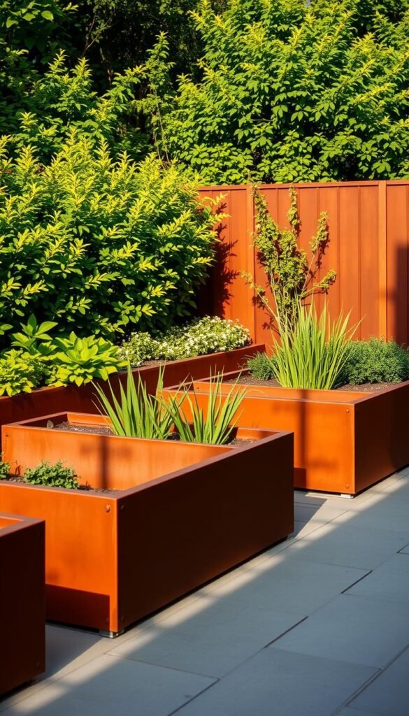 corten steel raised garden beds, with a modern, minimalist design against a backdrop of lush greenery. The beds are constructed with weathered, rust-colored steel, creating a striking contrast with the vibrant plants. The layout features a symmetrical, geometric arrangement, with clean lines and sharp angles. Warm, soft lighting illuminates the scene, casting gentle shadows and highlighting the textural details of the metal. The overall atmosphere exudes a sense of timeless elegance and refined sophistication, inspiring a connection between traditional and contemporary garden design.