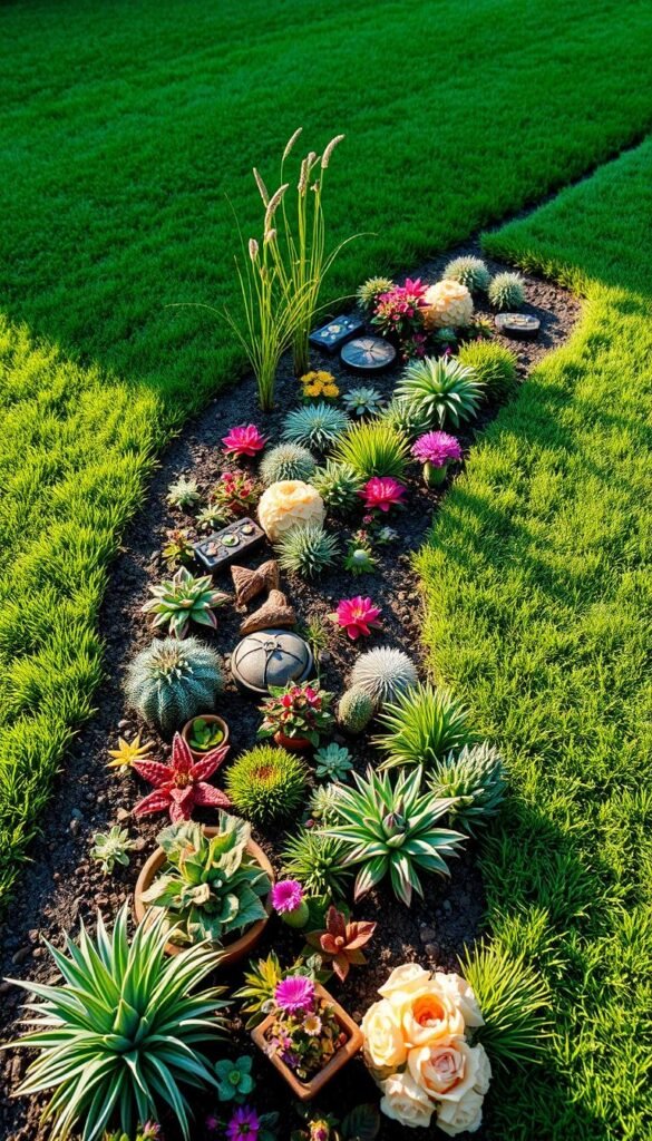 high-resolution, highly detailed, intricate garden border design plan, showing a carefully curated layout of plants, flowers, and ornamental elements along the edge of a lush green lawn, with a focus on balance, symmetry, and visual appeal. The design features a variety of textures, colors, and heights, creating a visually stunning and harmonious composition. The scene is bathed in warm, natural lighting, captured from a slightly elevated angle, showcasing the thoughtful arrangement of the garden elements. The overall mood is one of tranquility, beauty, and inspiration, perfectly suited to illustrate the "Planning and Designing Your Garden Border" section of the article.