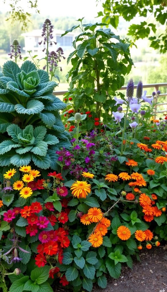 A beautiful and abundant selection of edible ornamental plants, artfully arranged against a natural, sun-dappled backdrop. In the foreground, a vibrant array of leafy greens, fragrant herbs, and colorful flowers - kale, Swiss chard, nasturtiums, and borage - cascade gracefully, their textures and hues complementing each other. In the middle ground, a mix of trailing vines and compact, mounded plants - such as strawberries, purple basil, and edible marigolds - create a lush, layered tapestry. The background features a soft, blurred landscape, hinting at the broader garden setting, with dappled light filtering through the leaves and petals, lending a serene, idyllic atmosphere. A beautiful and abundant selection of edible ornamental plants, artfully arranged against a natural, sun-dappled backdrop. In the foreground, a vibrant array of leafy greens, fragrant herbs, and colorful flowers - kale, Swiss chard, nasturtiums, and borage - cascade gracefully, their textures and hues complementing each other. In the middle ground, a mix of trailing vines and compact, mounded plants - such as strawberries, purple basil, and edible marigolds - create a lush, layered tapestry. The background features a soft, blurred landscape, hinting at the broader garden setting, with dappled light filtering through the leaves and petals, lending a serene, idyllic atmosphere.