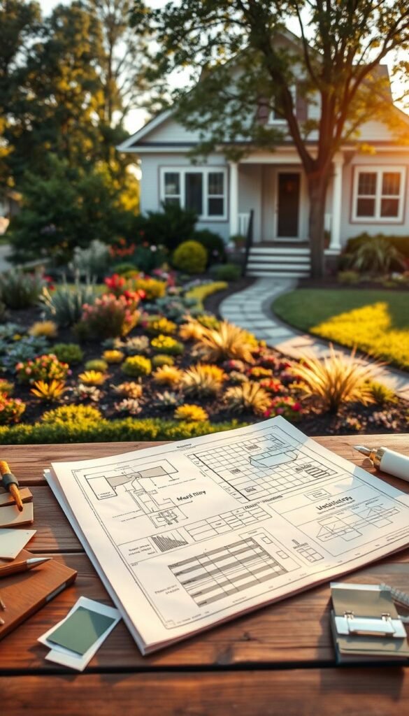 A beautifully designed front yard, captured in a warm, golden hour light. In the foreground, a detailed landscape plan with sketches and notes lies open on a wooden table, surrounded by gardening tools and paint swatches. In the middle ground, a lush, meticulously planned garden bed showcases a vibrant mix of perennials, shrubs, and ornamental grasses. The background features a charming, well-maintained home with a welcoming porch, framed by mature trees and a neatly trimmed lawn, creating a sense of harmony and curb appeal.
