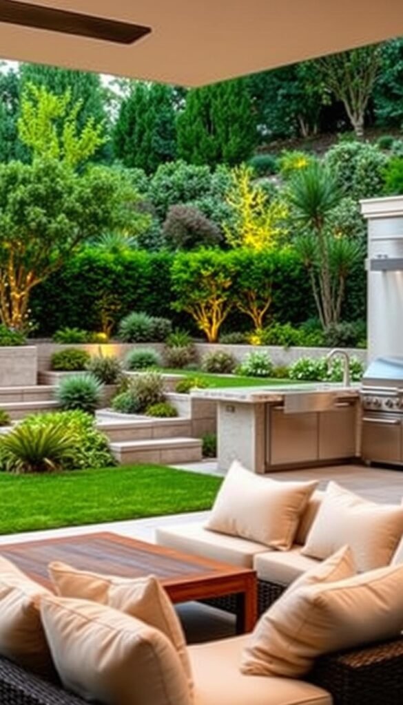A beautifully designed outdoor living space with a modern, minimalist aesthetic. In the foreground, a cozy seating area with plush, neutral-toned cushions arranged around a low, wooden coffee table. In the middle ground, a sleek, built-in outdoor kitchen with stainless steel appliances and a stone countertop. The background features a lush, green landscape with carefully curated plants and shrubs, creating a natural, serene atmosphere. Warm, soft lighting illuminates the space, casting a gentle glow and inviting a sense of relaxation. The scene is captured from a slightly elevated angle, showcasing the seamless integration of the living space with the surrounding environment.