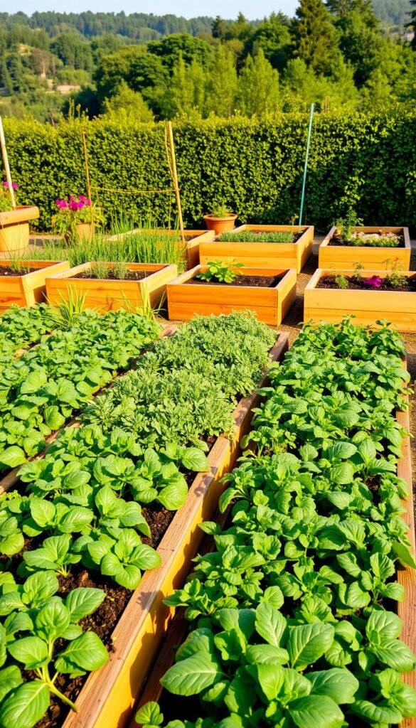 A beautifully designed raised bed garden, showcasing a harmonious blend of edible and aesthetic elements. The foreground features vibrant rows of leafy greens, herbs, and colorful vegetables, meticulously arranged in an organized layout. In the middle ground, a series of raised wooden planters create a striking visual contrast, their clean lines and natural textures complementing the lush foliage. The background depicts a picturesque setting, with a backdrop of lush greenery, perhaps a well-manicured hedge or a row of flowering shrubs, creating a sense of depth and enclosure. The scene is illuminated by warm, natural lighting, casting gentle shadows and highlighting the textures and colors of the plants. The overall mood is one of serene productivity, inviting the viewer to imagine the joy of harvesting fresh, homegrown produce amidst a visually appealing and harmonious garden design. A beautifully designed raised bed garden, showcasing a harmonious blend of edible and aesthetic elements. The foreground features vibrant rows of leafy greens, herbs, and colorful vegetables, meticulously arranged in an organized layout. In the middle ground, a series of raised wooden planters create a striking visual contrast, their clean lines and natural textures complementing the lush foliage. The background depicts a picturesque setting, with a backdrop of lush greenery, perhaps a well-manicured hedge or a row of flowering shrubs, creating a sense of depth and enclosure. The scene is illuminated by warm, natural lighting, casting gentle shadows and highlighting the textures and colors of the plants. The overall mood is one of serene productivity, inviting the viewer to imagine the joy of harvesting fresh, homegrown produce amidst a visually appealing and harmonious garden design.