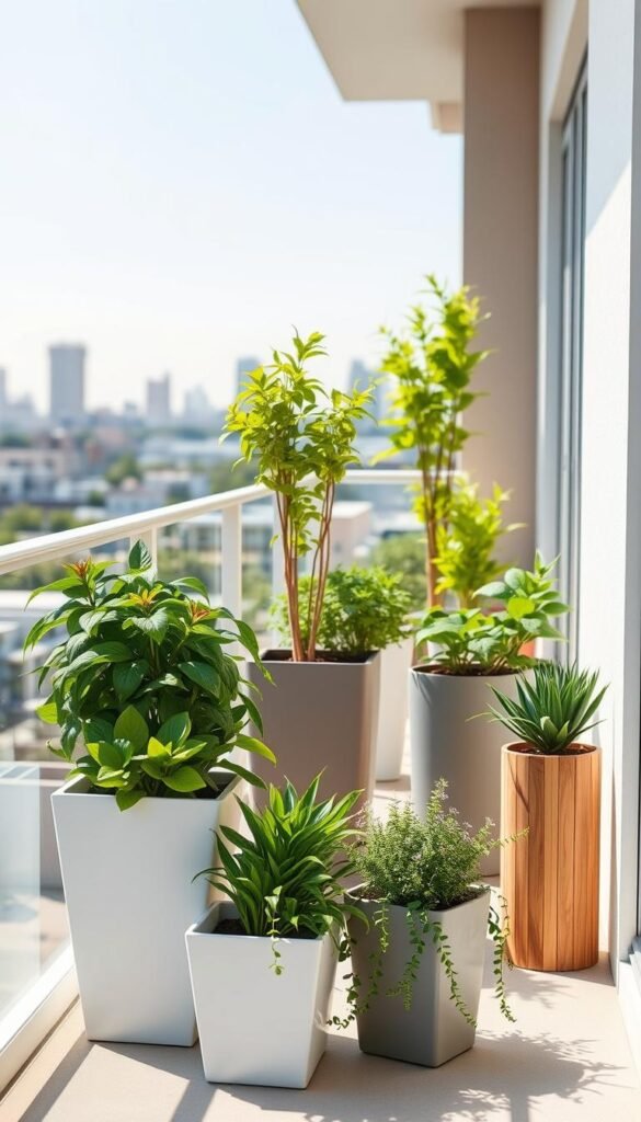 A bright, sun-drenched balcony showcasing an array of lightweight, minimalist containers perfectly suited for small-space gardening. In the foreground, sleek, low-profile planters in crisp white or muted gray tones hold a variety of lush, trailing plants. The middle ground features slim, cylindrical pots in natural wood or bamboo, housing vibrant greenery and compact flowering plants. Against a backdrop of a clean, modern railing and a hazy, softly blurred city skyline, the scene exudes a sense of serenity and effortless style, capturing the essence of maximizing limited outdoor spaces with carefully curated, aesthetically pleasing container garden solutions. A bright, sun-drenched balcony showcasing an array of lightweight, minimalist containers perfectly suited for small-space gardening. In the foreground, sleek, low-profile planters in crisp white or muted gray tones hold a variety of lush, trailing plants. The middle ground features slim, cylindrical pots in natural wood or bamboo, housing vibrant greenery and compact flowering plants. Against a backdrop of a clean, modern railing and a hazy, softly blurred city skyline, the scene exudes a sense of serenity and effortless style, capturing the essence of maximizing limited outdoor spaces with carefully curated, aesthetically pleasing container garden solutions.