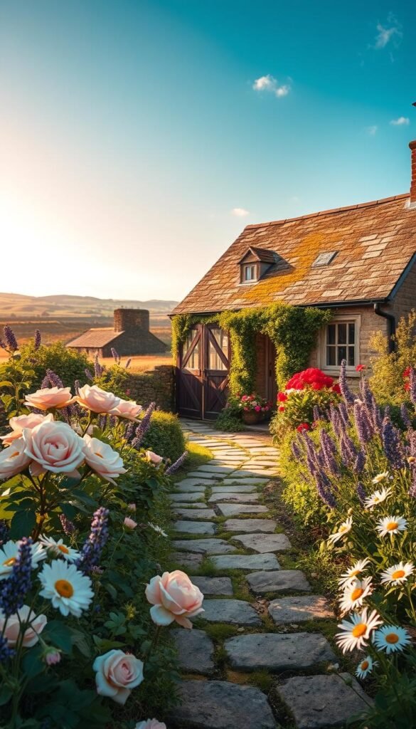 A charming vintage cottage garden nestled in a tranquil countryside setting. In the foreground, a lush array of blooming flowers in soft pastel hues - delicate roses, fragrant lavender, and whimsical daisies sway gently in the warm summer breeze. The middle ground features a meandering stone path leading to a quaint wooden gate, framed by a verdant hedgerow. In the background, a traditional country cottage with weathered timber siding and a moss-covered slate roof sits amidst a backdrop of rolling hills and a cloudless azure sky, bathed in the soft, golden glow of the afternoon sun. An atmosphere of timeless, rustic elegance pervades the scene, evoking a sense of nostalgic country charm. A charming vintage cottage garden nestled in a tranquil countryside setting. In the foreground, a lush array of blooming flowers in soft pastel hues - delicate roses, fragrant lavender, and whimsical daisies sway gently in the warm summer breeze. The middle ground features a meandering stone path leading to a quaint wooden gate, framed by a verdant hedgerow. In the background, a traditional country cottage with weathered timber siding and a moss-covered slate roof sits amidst a backdrop of rolling hills and a cloudless azure sky, bathed in the soft, golden glow of the afternoon sun. An atmosphere of timeless, rustic elegance pervades the scene, evoking a sense of nostalgic country charm.