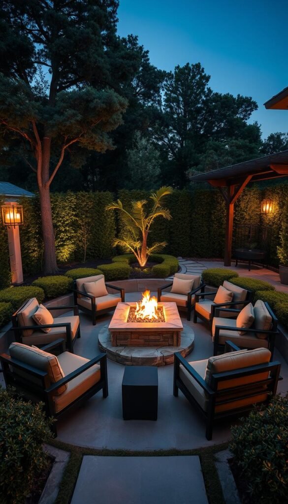 A chic and modern outdoor seating area with a central fire pit, nestled in a lush, meticulously landscaped garden. The seating is composed of sleek, contemporary furniture in muted, earthy tones, arranged in a semi-circular layout to invite conversation and socialization. The fire pit, framed by natural stone, casts a warm, flickering glow, illuminating the scene with a cozy, inviting ambiance. Mature trees and carefully curated shrubbery create a sense of privacy and exclusivity, while strategically placed lighting fixtures bathe the space in a soft, atmospheric light. The overall atmosphere evokes an air of refined sophistication and upscale outdoor living.